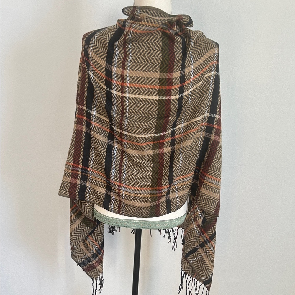 Pashmina Scarf Brown Herringbone Plaid Silk/Pashmina Fringed Wrap Shawl 68x28 - Picture 2 of 5